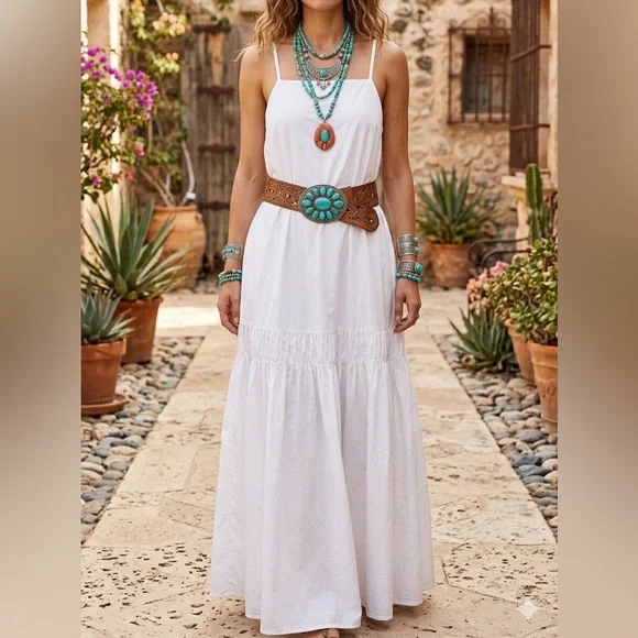 NWT Banana Republic White Lined A-Line Maxi Dress Pockets Adjustable Straps Sz S - Picture 2 of 9